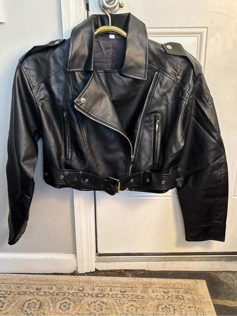 Classic Black Faux Leather Cropped Moto Jacket